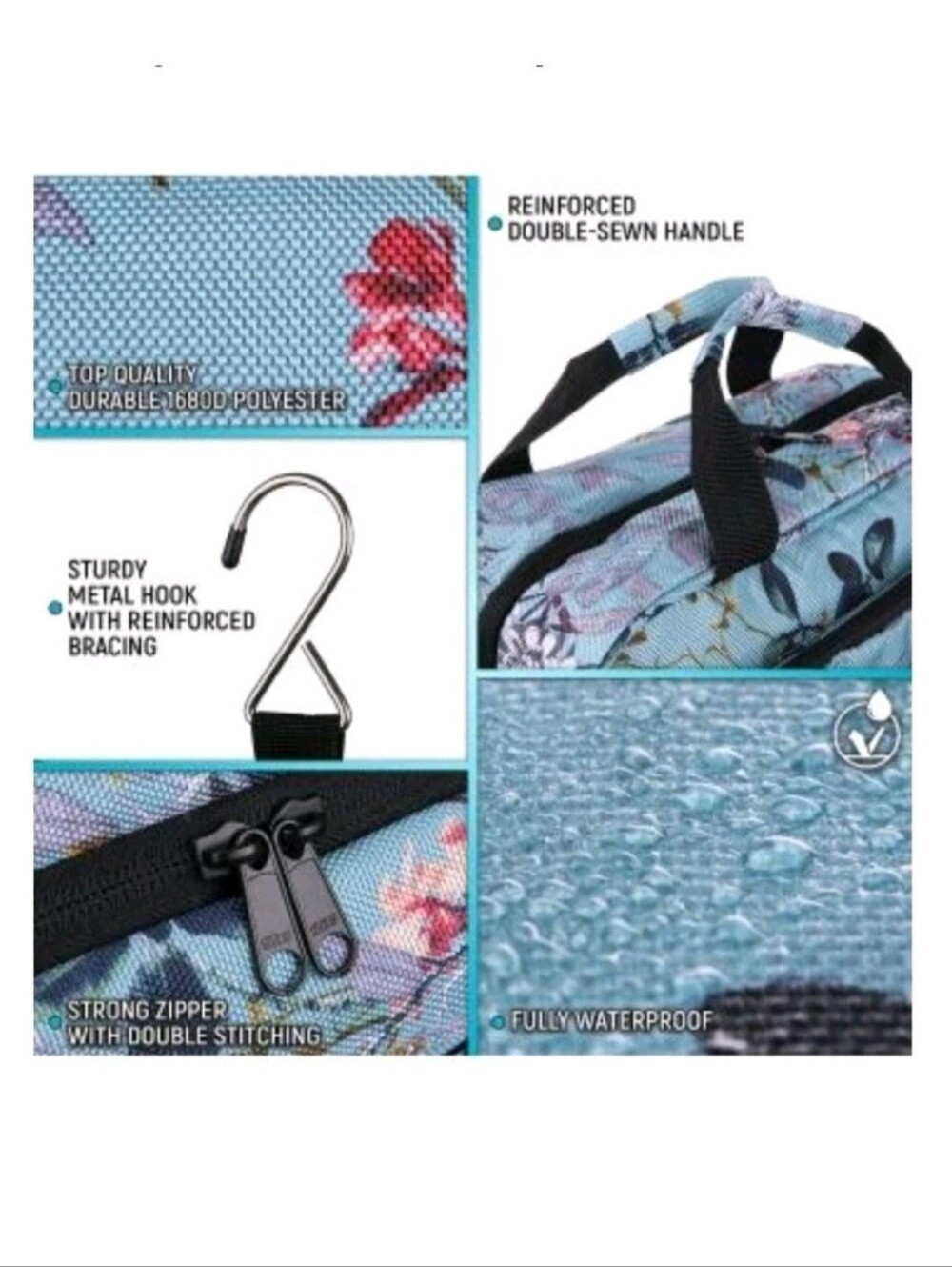 Bag&Carry Large Hanging Toiletry Bag Makeup Organizer Turquoise Floral Canvas - Picture 7 of 7